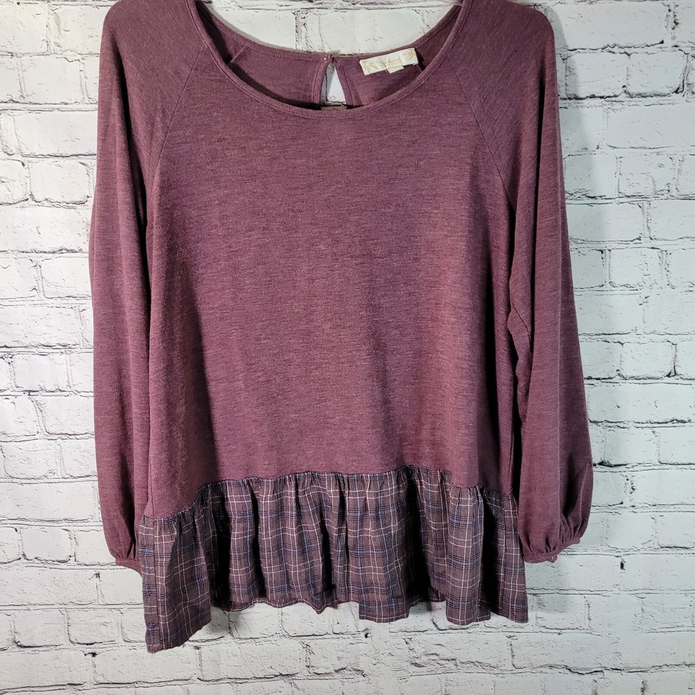 Suzanne Betro Top Women Large Purple Excellent Plaid Ruffle Hem‎ Balloon Sleeve